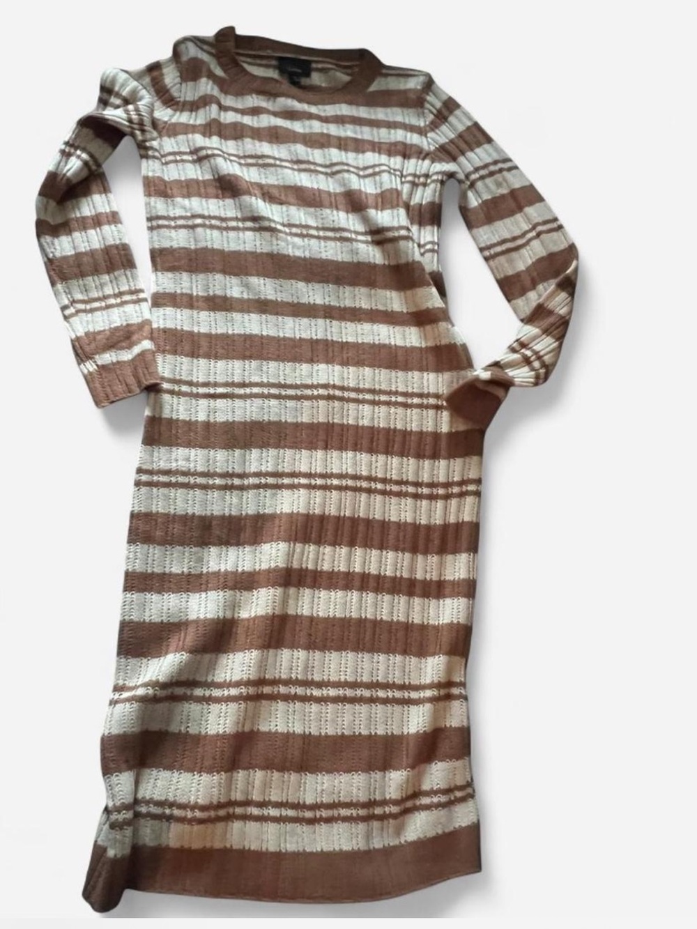 Ribbed Long Sleeve Striped Knit Dress in Brown and Cream
